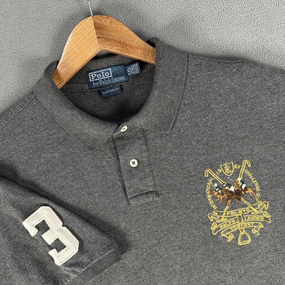 Ralph Lauren Polo Shirt 2XL Grey Big Pony Heraldic Equestrian Crest Custom Slim